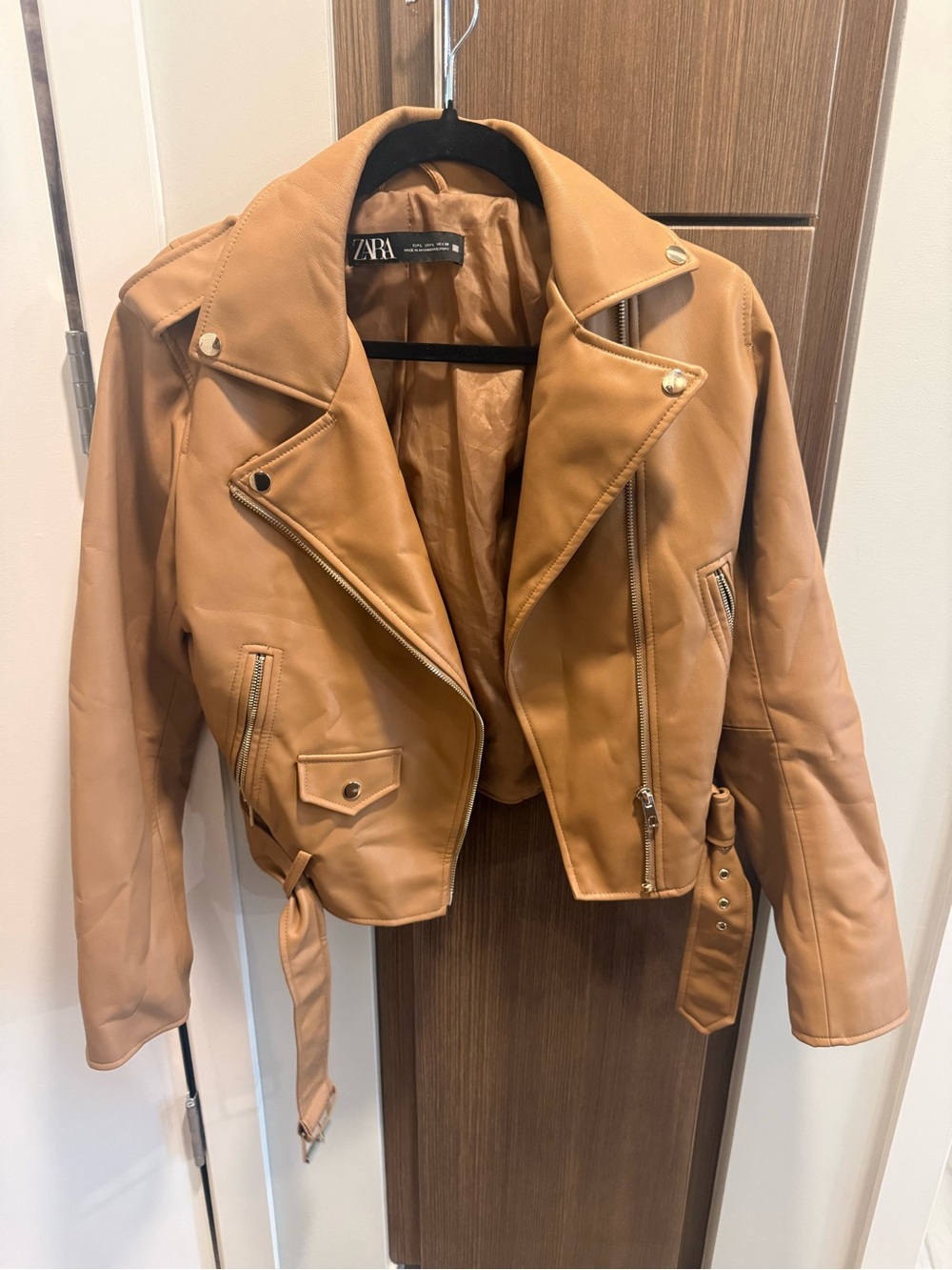 Zara Tan Faux Leather Moto Jacket with Belt